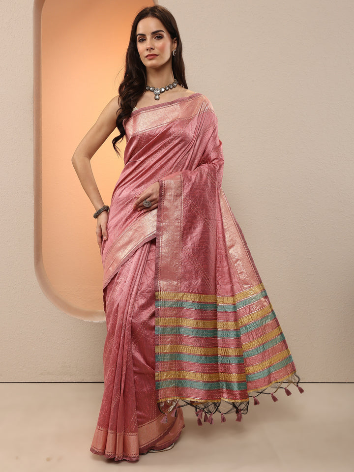 Pink Embellished Silk Blend Saree With Unstitched Blouse Piece