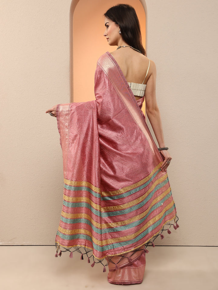 Pink Embellished Silk Blend Saree With Unstitched Blouse Piece