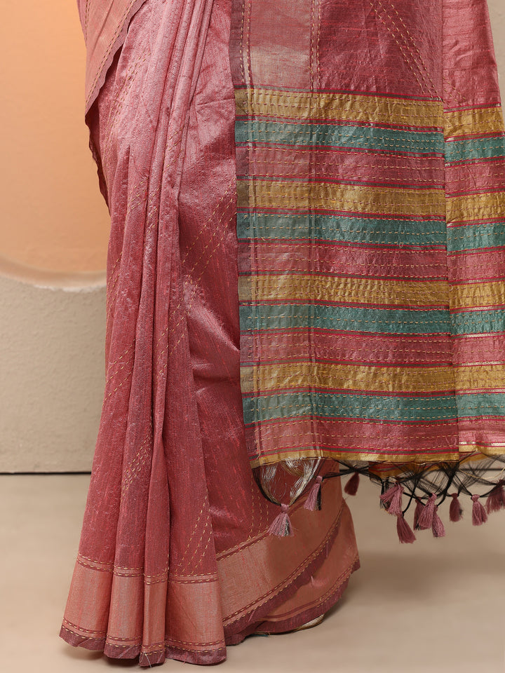 Pink Embellished Silk Blend Saree With Unstitched Blouse Piece