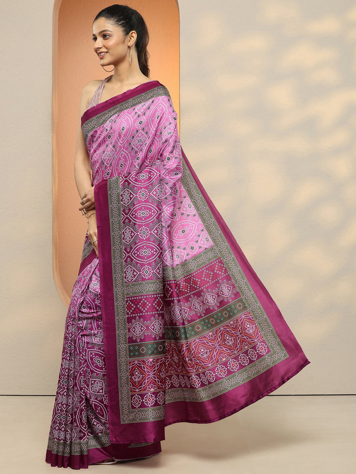 Pink Bandhani Printed Silk Blend Saree With Unstitched Blouse Piece