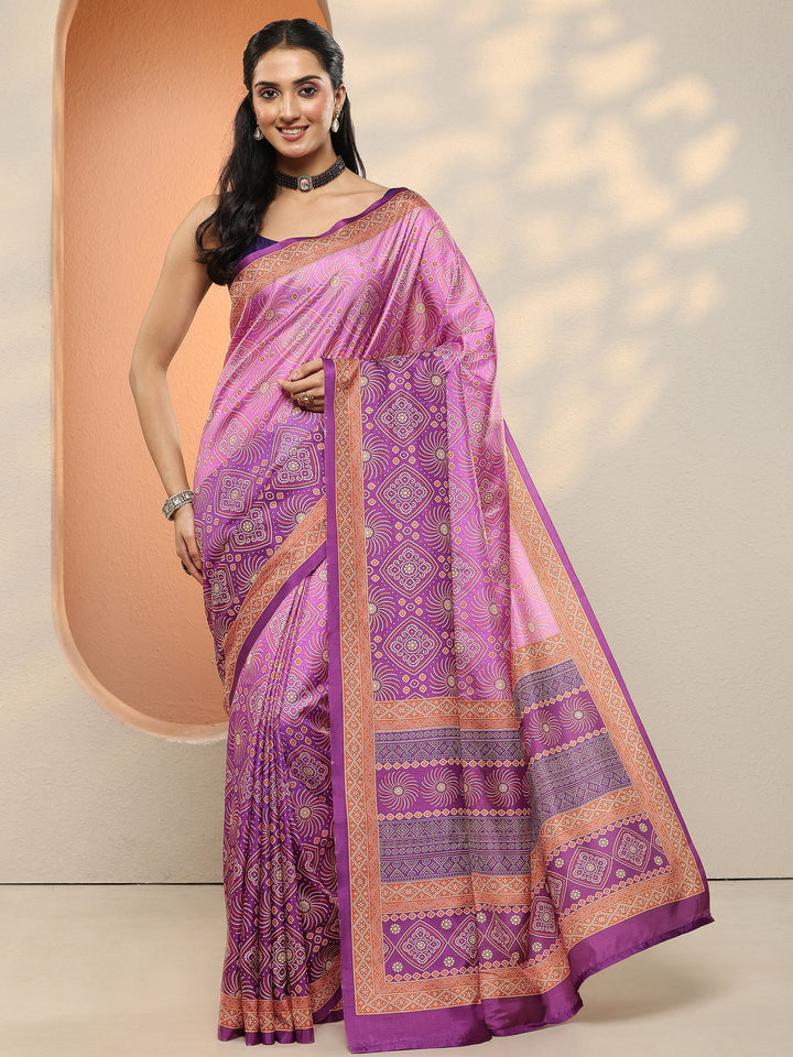 Purple Bandhani Printed Sarees With Unstitched Blouse Piece