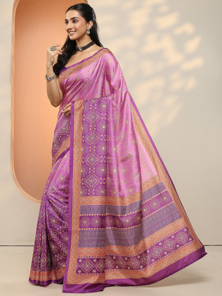 Purple Bandhani Printed Sarees With Unstitched Blouse Piece