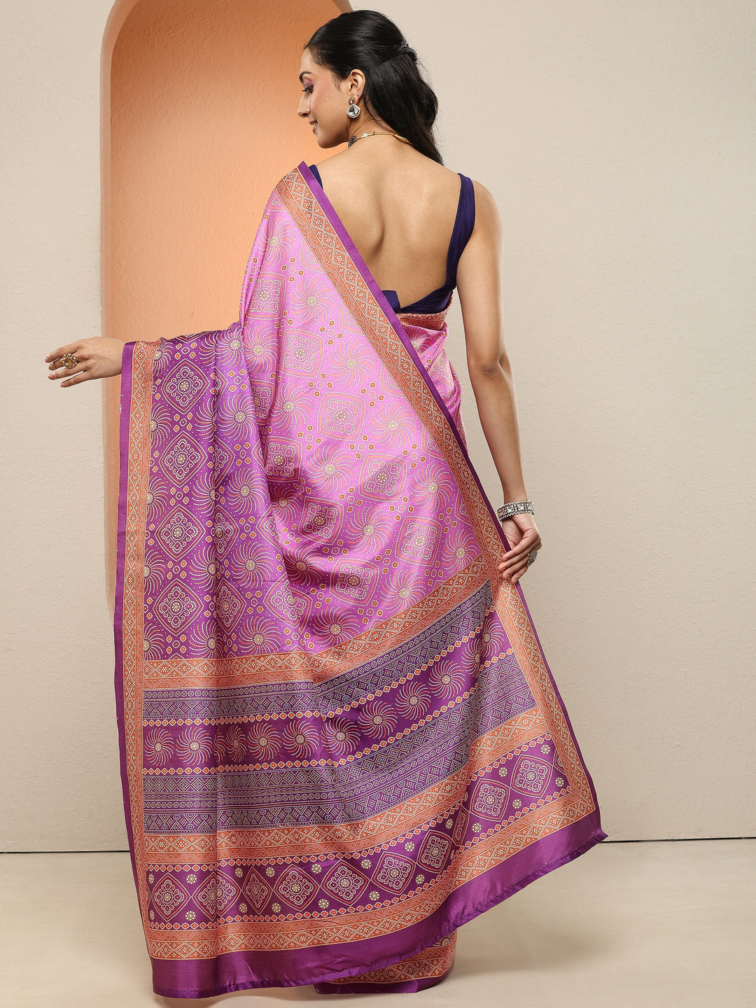 Purple Bandhani Printed Sarees With Unstitched Blouse Piece
