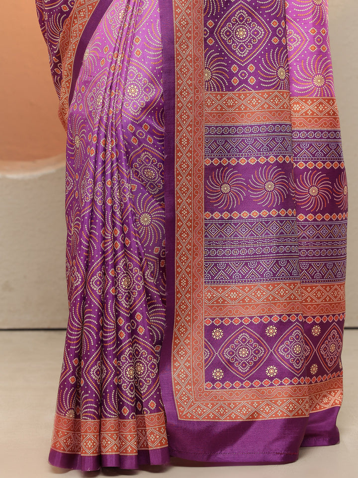 Purple Bandhani Printed Sarees With Unstitched Blouse Piece