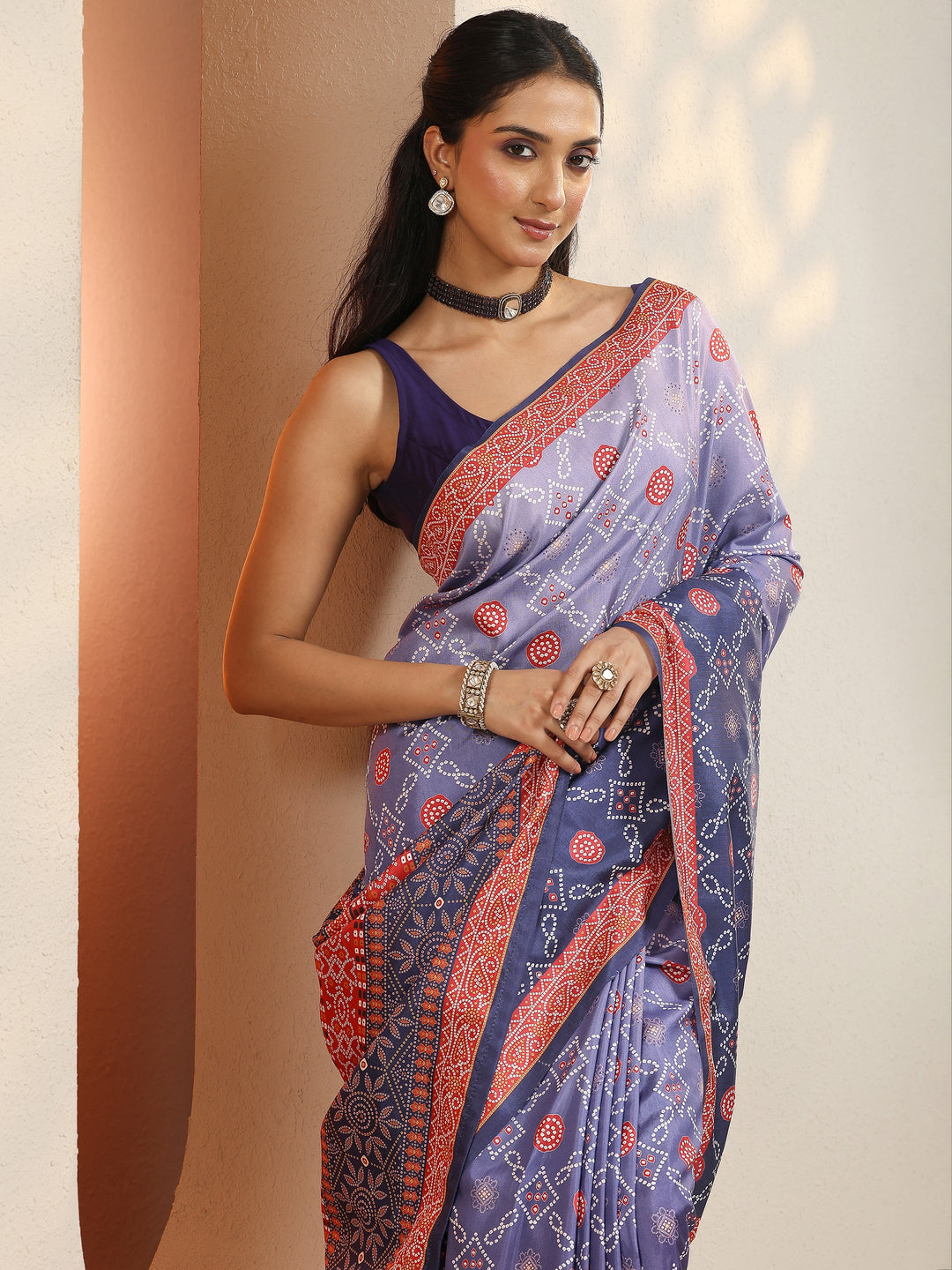 Blue Bandhani Printed Sarees With Unstitched Blouse Piece
