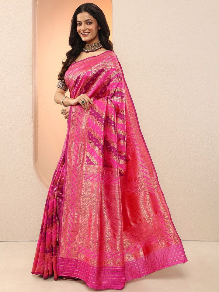 Pink Woven Design Silk Blend Sarees With Unstitched Blouse Piece