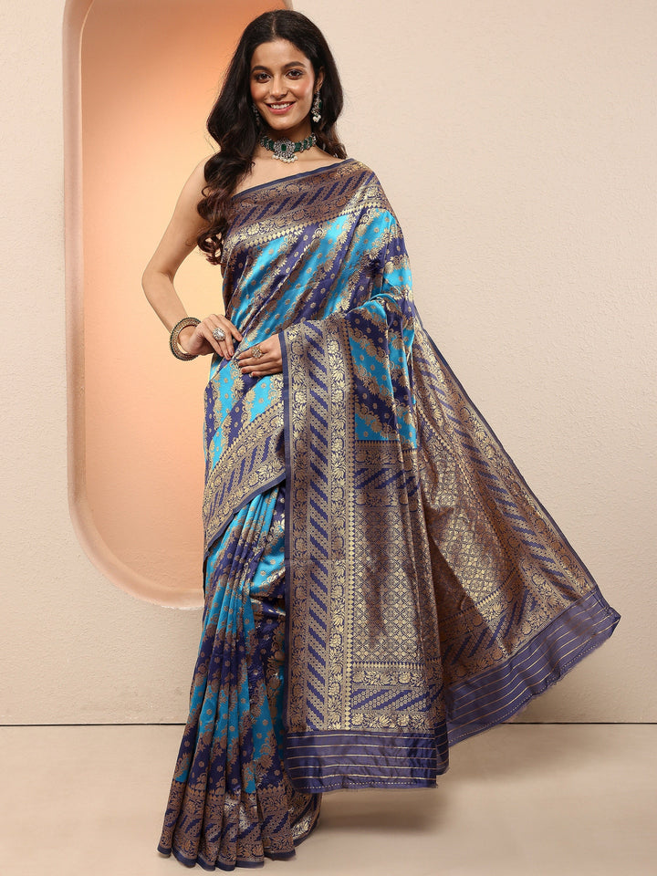 Blue Woven Design Silk Blend Sarees With Unstitched Blouse Piece
