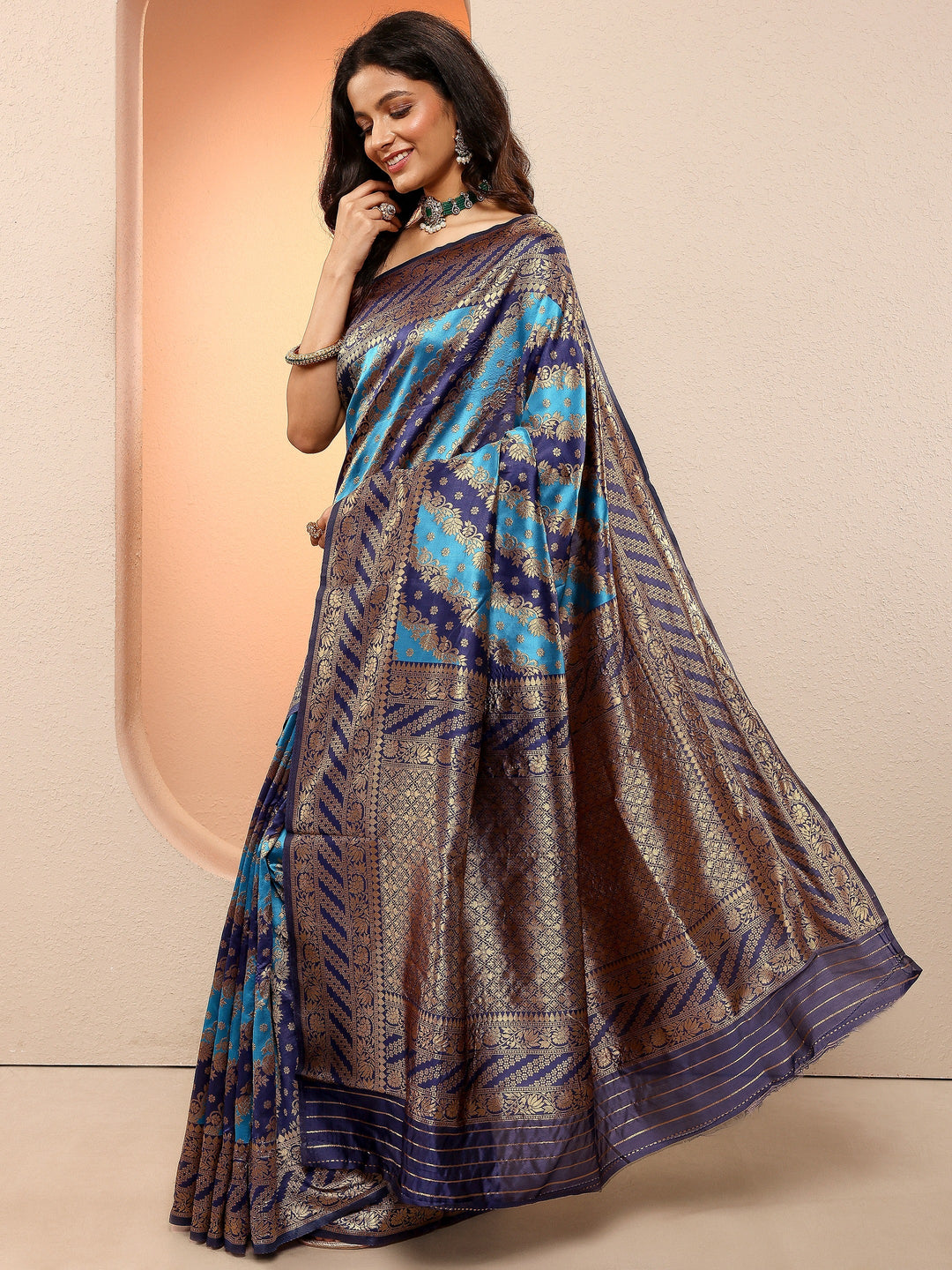 Blue Woven Design Silk Blend Sarees With Unstitched Blouse Piece