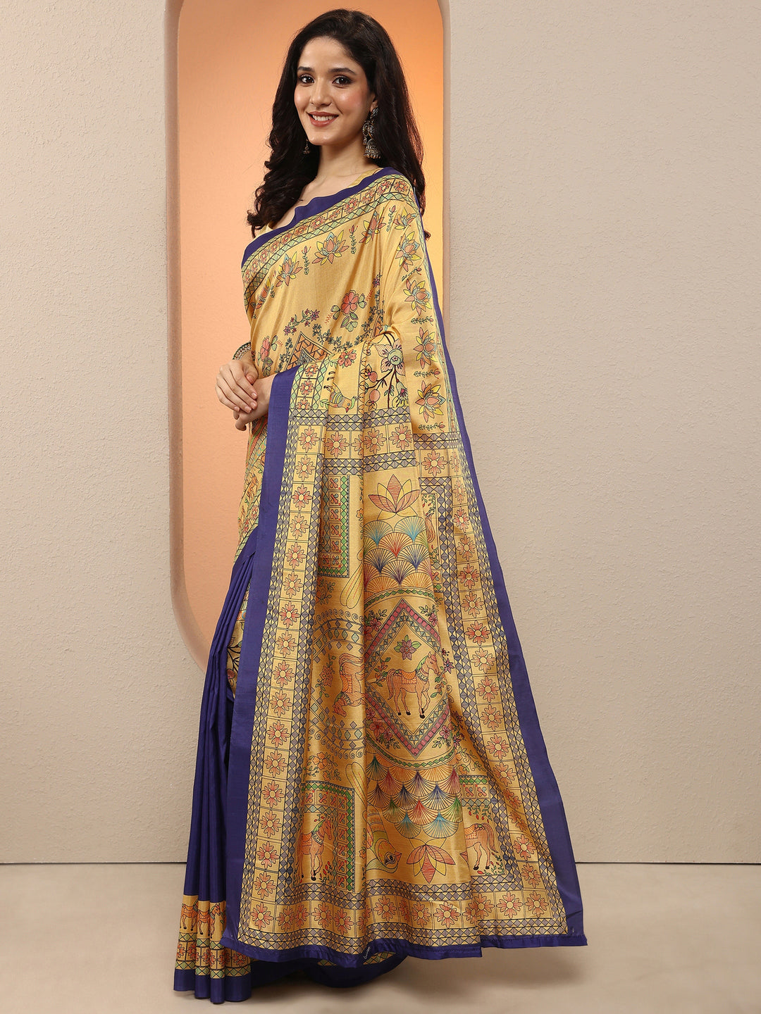Gold Tribal Printed Silk Blend Saree With Unstitched Blouse Piece