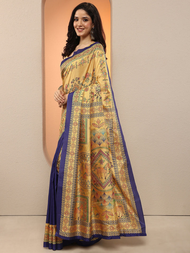 Gold Tribal Printed Silk Blend Saree With Unstitched Blouse Piece