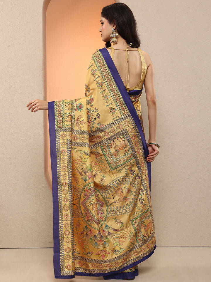 Gold Tribal Printed Silk Blend Saree With Unstitched Blouse Piece