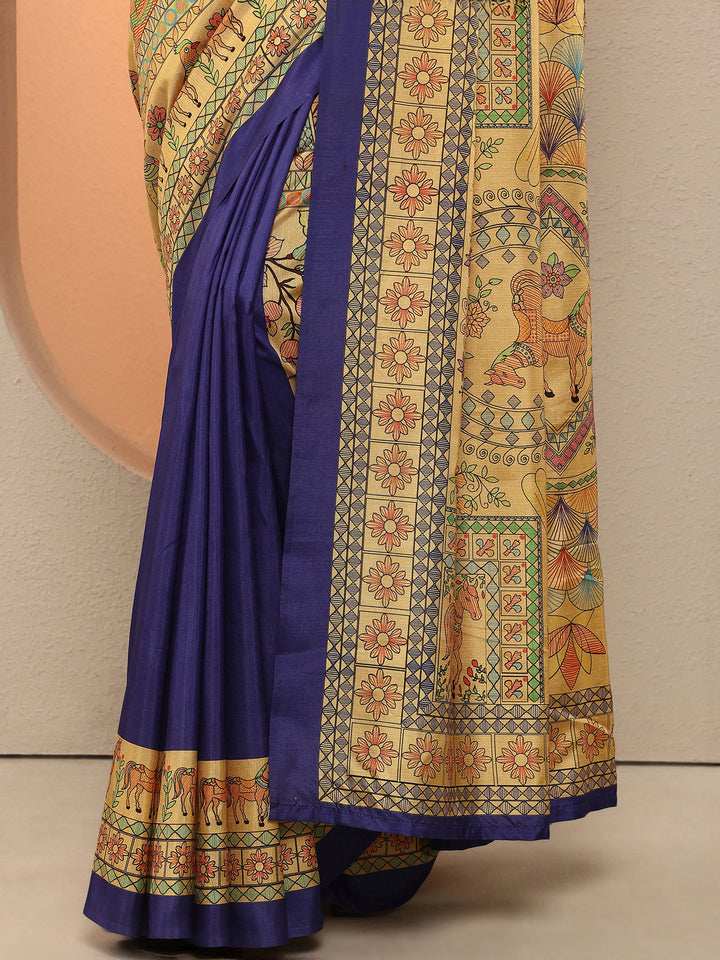 Gold Tribal Printed Silk Blend Saree With Unstitched Blouse Piece