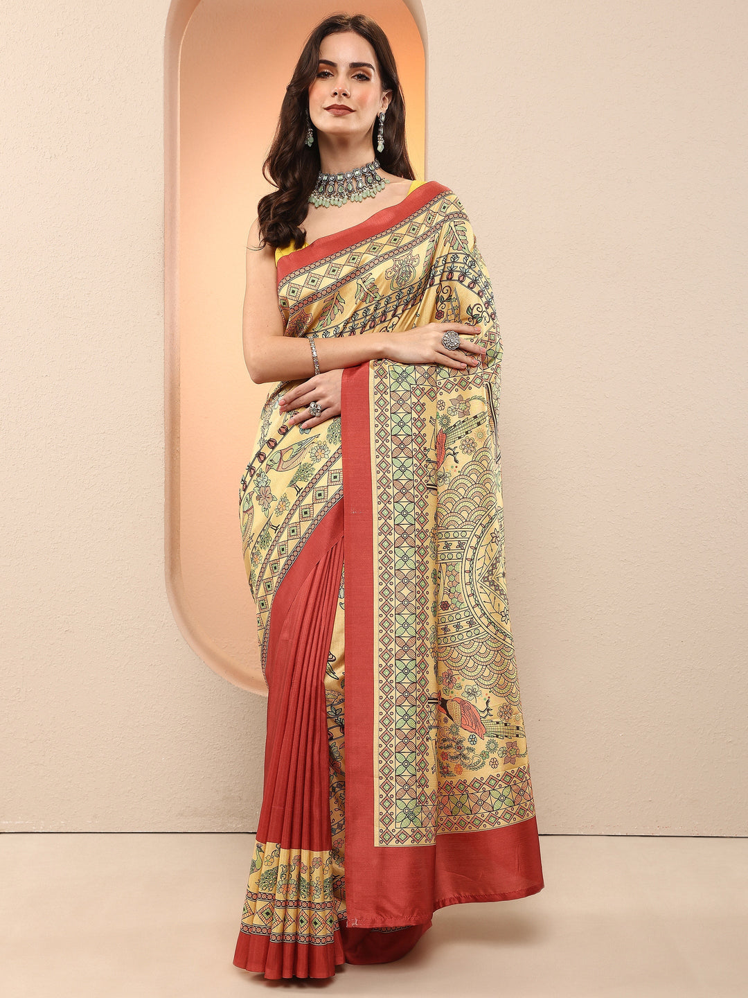 Gold Printed Silk Blend Sarees With Unstitched Blouse Piece