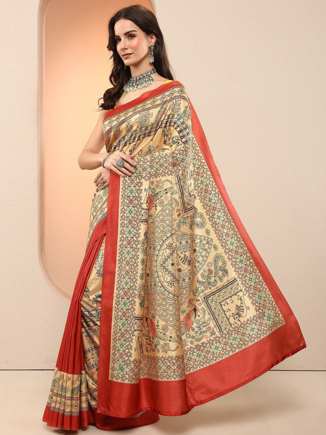 Gold Printed Silk Blend Sarees With Unstitched Blouse Piece