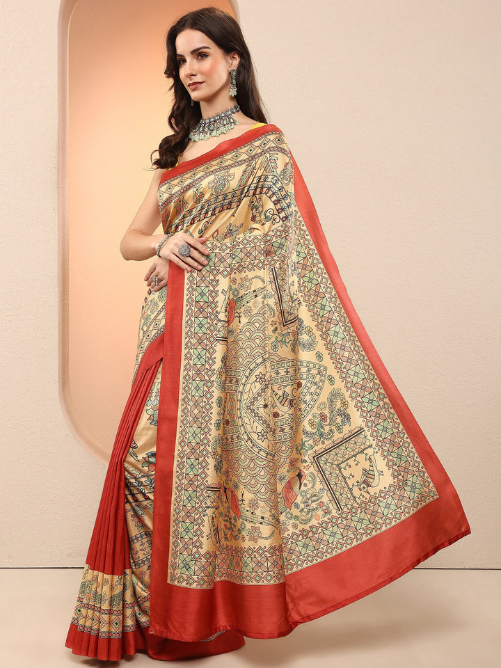Gold Printed Silk Blend Sarees With Unstitched Blouse Piece