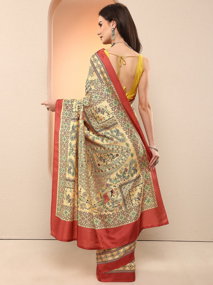 Gold Printed Silk Blend Sarees With Unstitched Blouse Piece