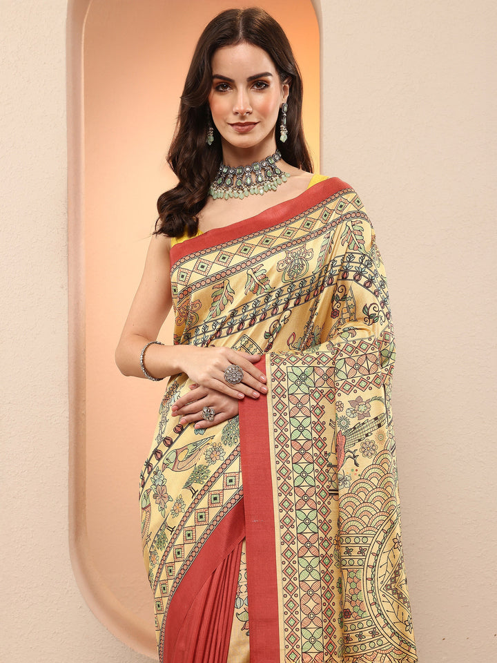 Gold Printed Silk Blend Sarees With Unstitched Blouse Piece