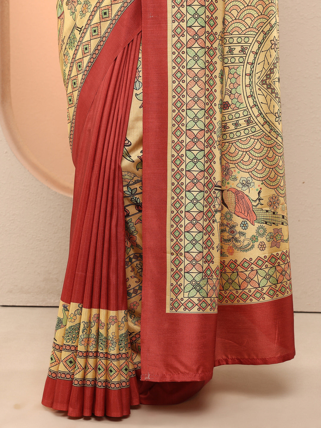 Gold Printed Silk Blend Sarees With Unstitched Blouse Piece