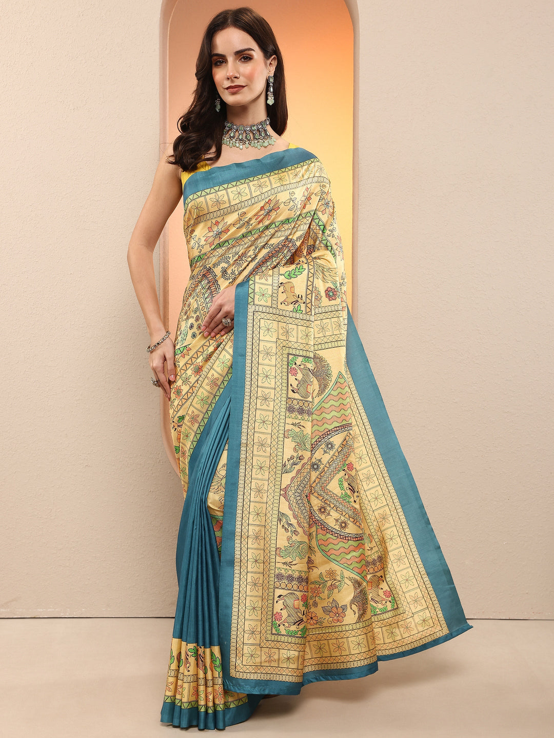 Gold Printed Silk Blend Sarees With Unstitched Blouse Piece
