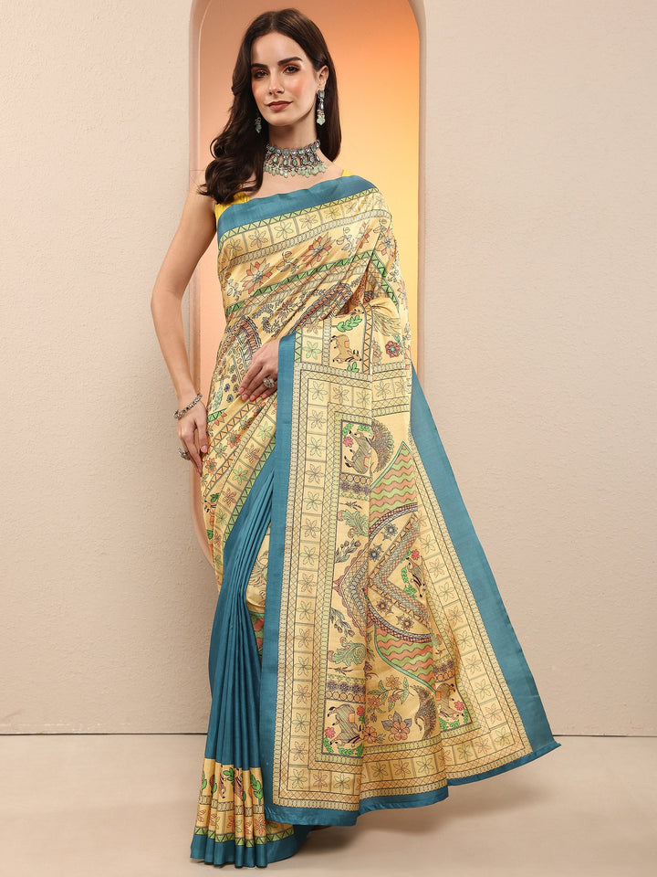 Gold Printed Silk Blend Sarees With Unstitched Blouse Piece