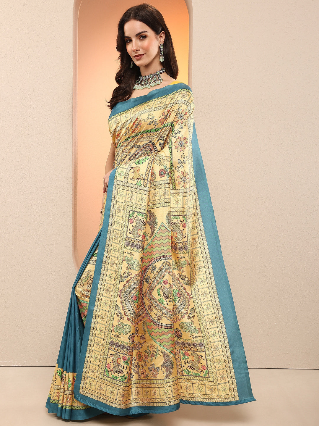 Gold Printed Silk Blend Sarees With Unstitched Blouse Piece