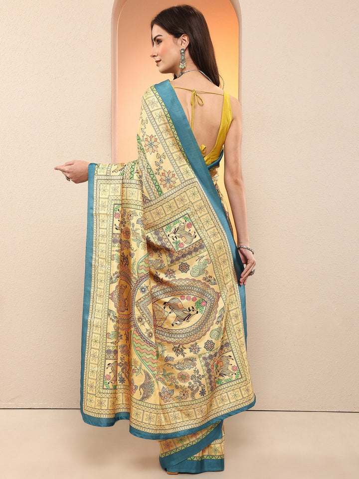 Gold Printed Silk Blend Sarees With Unstitched Blouse Piece