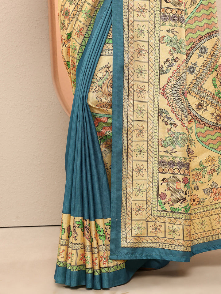 Gold Printed Silk Blend Sarees With Unstitched Blouse Piece