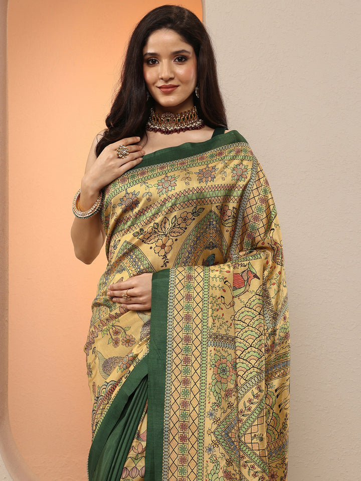Gold Printed Silk Blend Saree With Unstitched Blouse Piece