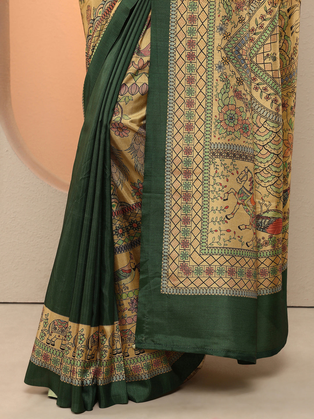 Gold Printed Silk Blend Saree With Unstitched Blouse Piece
