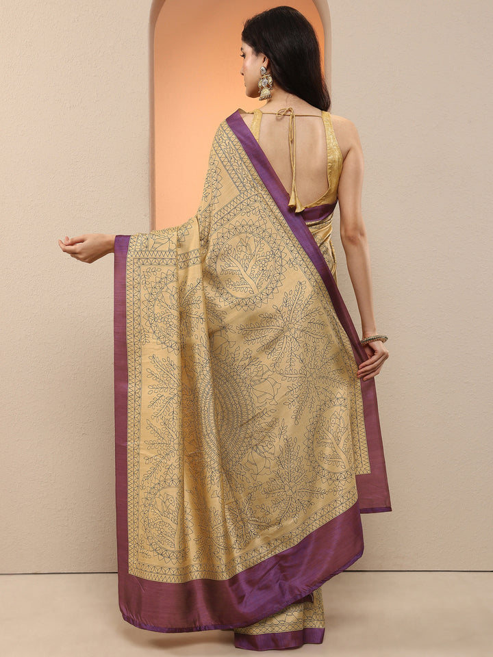 Gold Printed Silk Blend Saree With Unstitched Blouse Piece