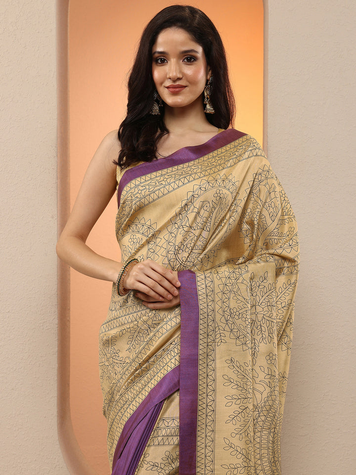 Gold Printed Silk Blend Saree With Unstitched Blouse Piece
