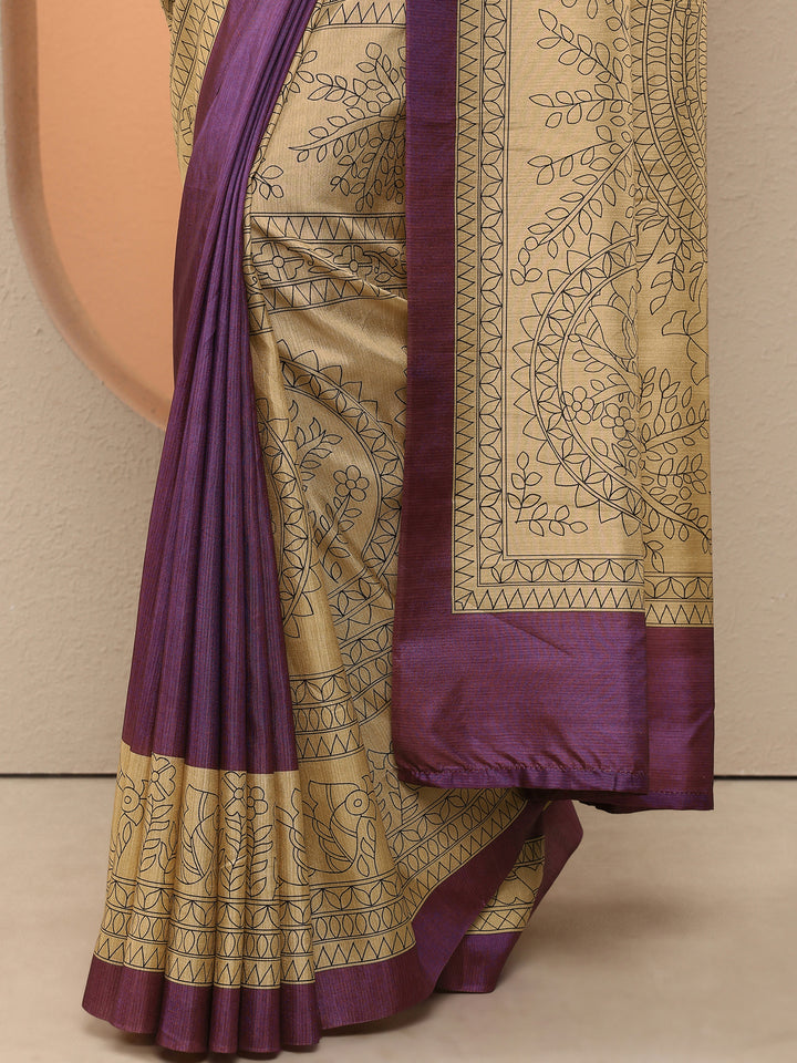 Gold Printed Silk Blend Saree With Unstitched Blouse Piece