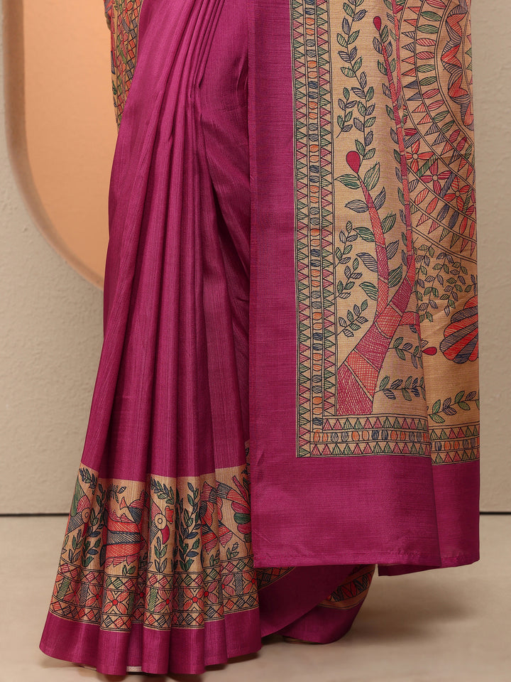 Gold Tribal Printed Silk Blend Saree With Unstitched Blouse Piece
