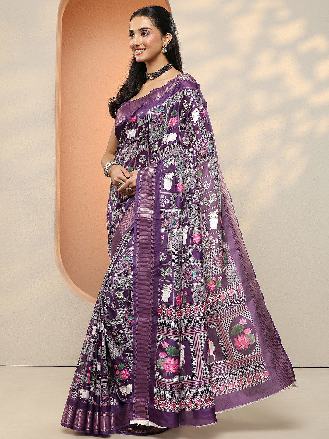 Purple Printed Silk Blend Sarees With Unstitched Blouse Piece