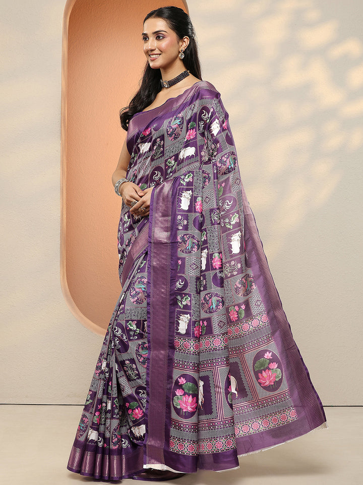 Purple Printed Silk Blend Sarees With Unstitched Blouse Piece