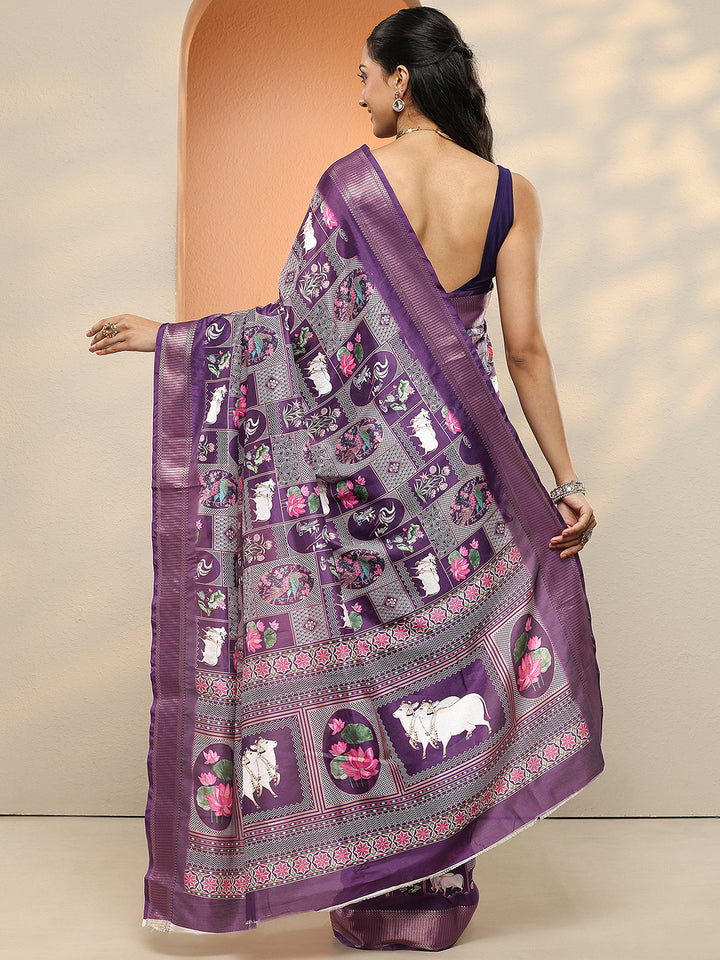 Purple Printed Silk Blend Sarees With Unstitched Blouse Piece