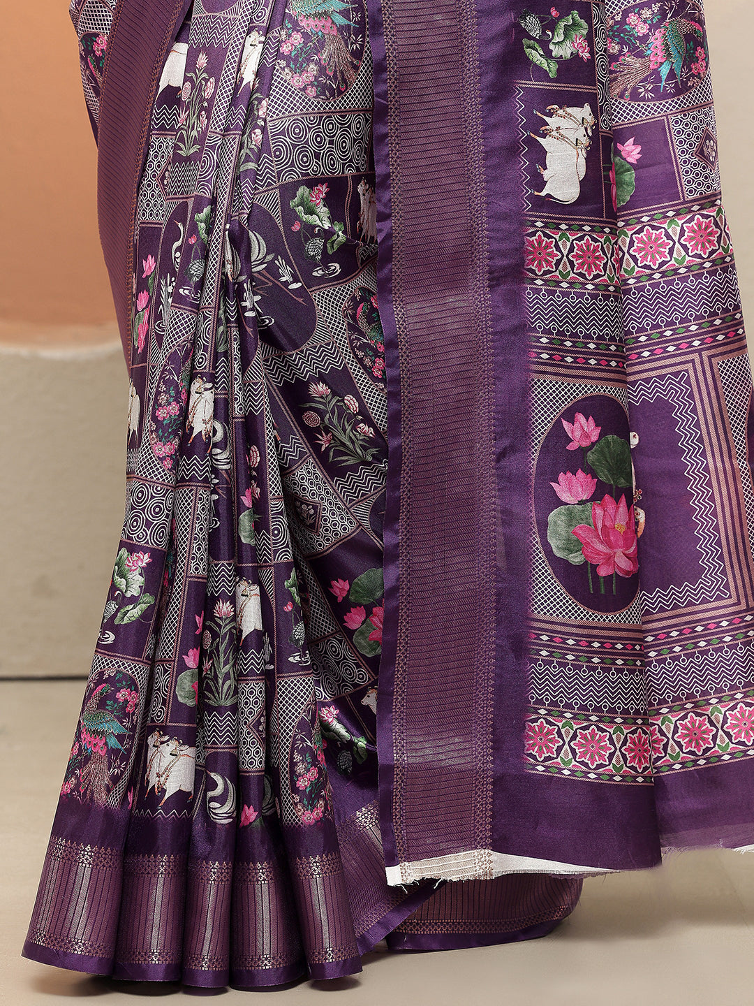 Purple Printed Silk Blend Sarees With Unstitched Blouse Piece