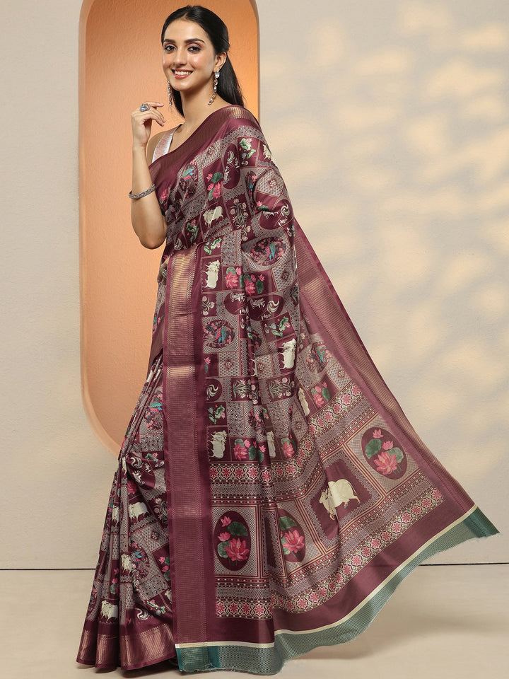 Brown Printed Silk Blend Saree With Unstitched Blouse Piece
