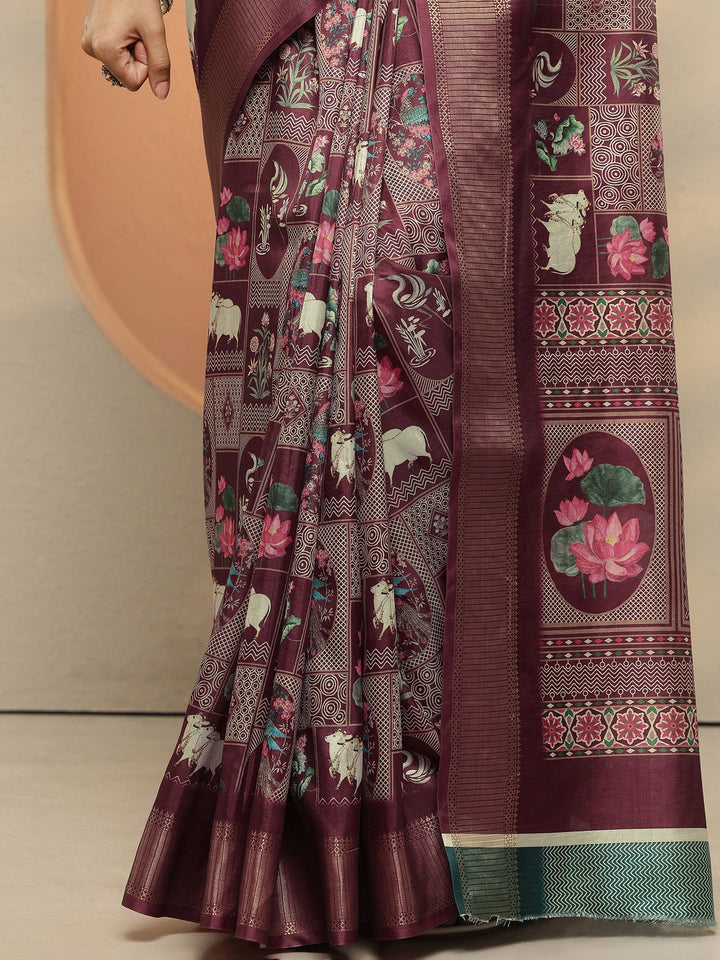 Brown Printed Silk Blend Saree With Unstitched Blouse Piece