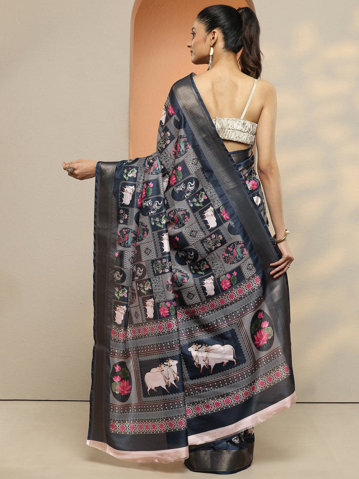 Navy Blue Printed Silk Blend Saree With Unstitched Blouse Piece