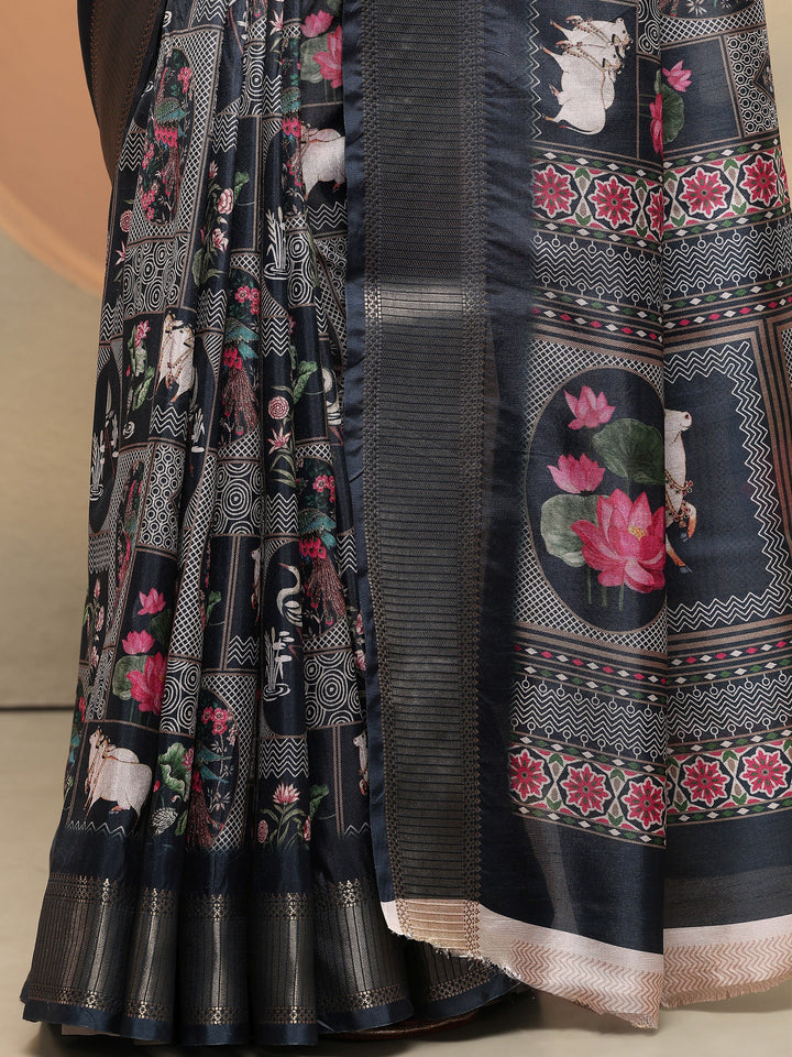 Navy Blue Printed Silk Blend Saree With Unstitched Blouse Piece