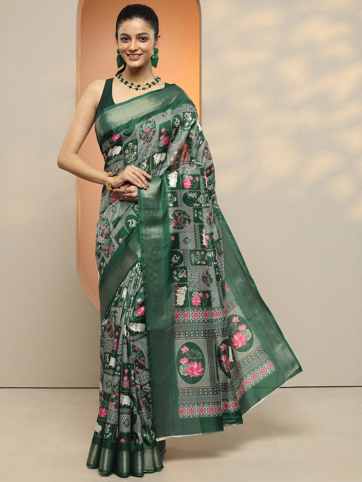 Green Printed Silk Blend Saree With Unstitched Blouse Piece