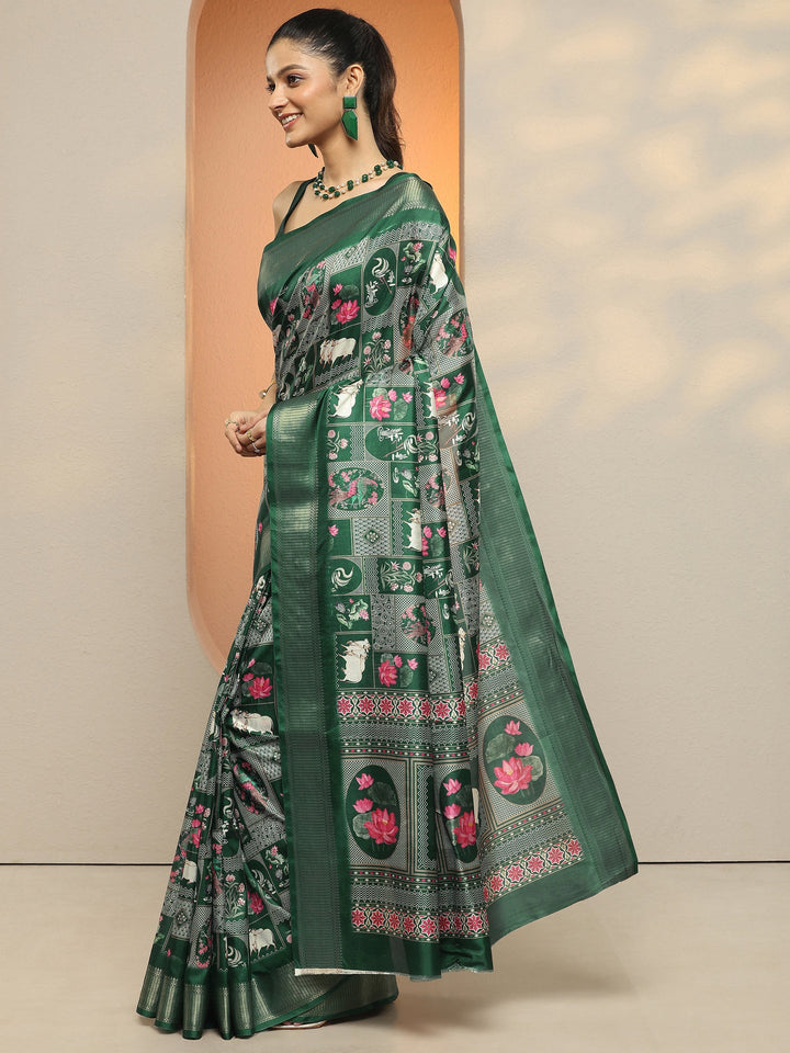 Green Printed Silk Blend Saree With Unstitched Blouse Piece