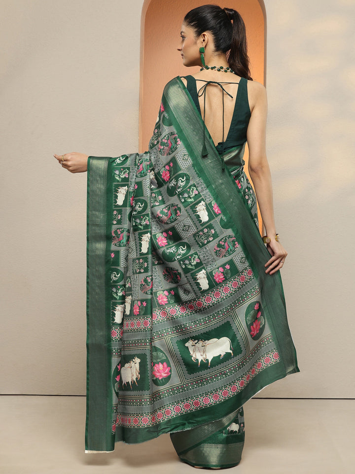 Green Printed Silk Blend Saree With Unstitched Blouse Piece
