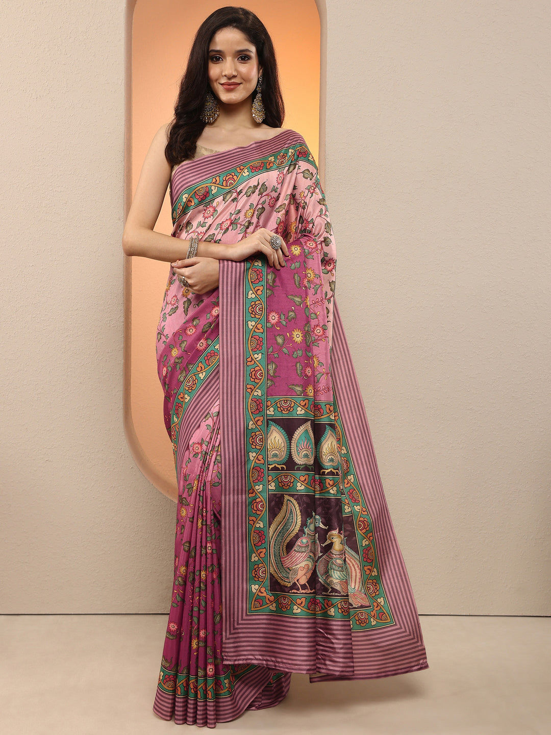Pink Printed Silk Blend Saree With Unstitched Blouse Piece