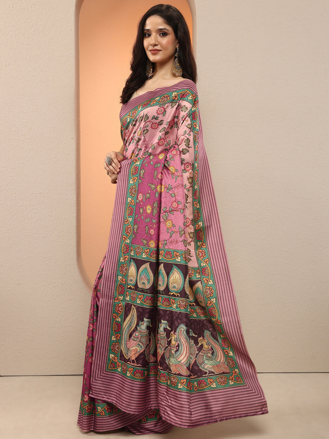 Pink Printed Silk Blend Saree With Unstitched Blouse Piece