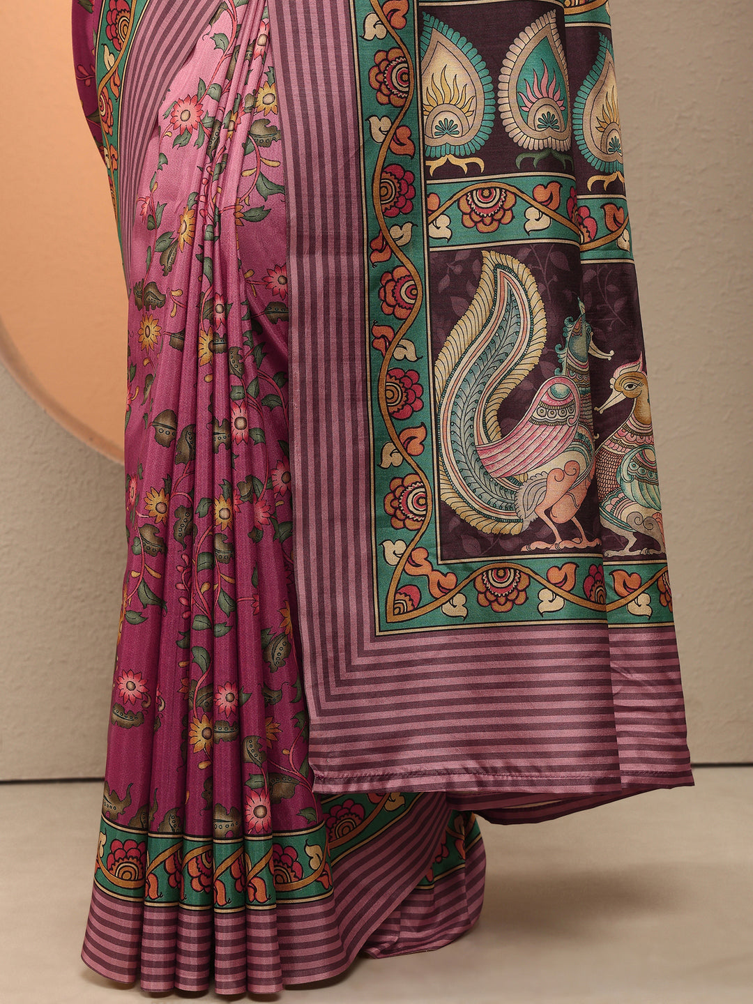 Pink Printed Silk Blend Saree With Unstitched Blouse Piece