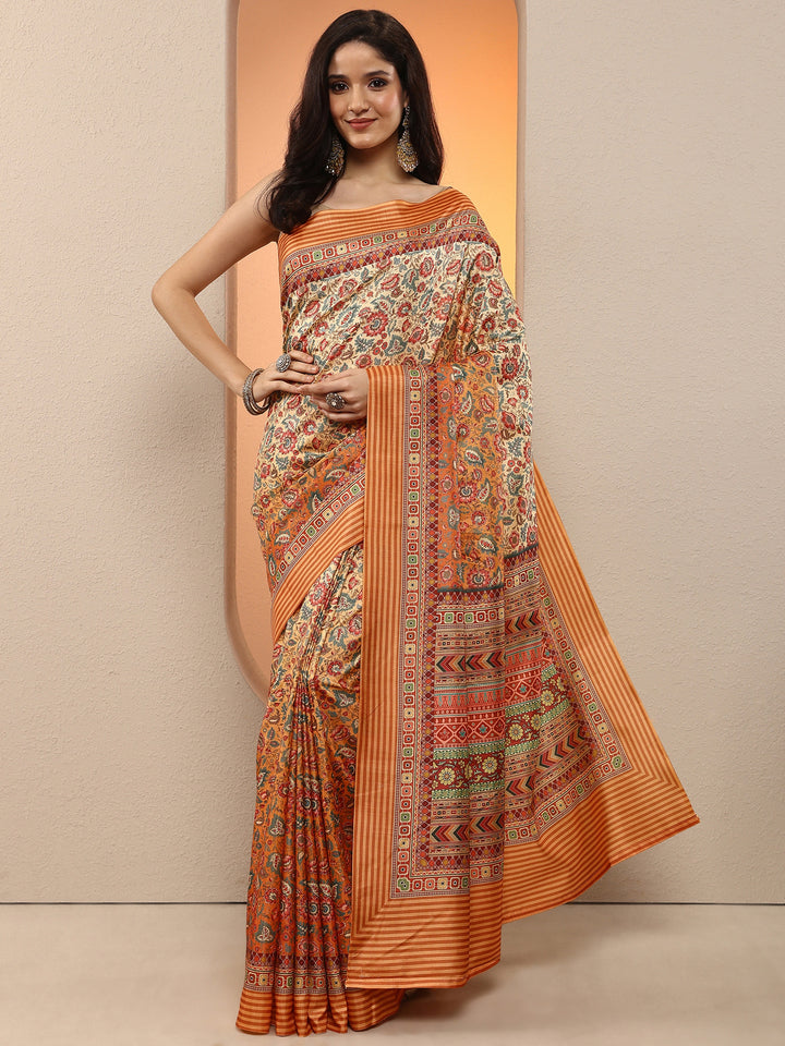 Mustard Printed Silk Blend Saree With Unstitched Blouse Piece