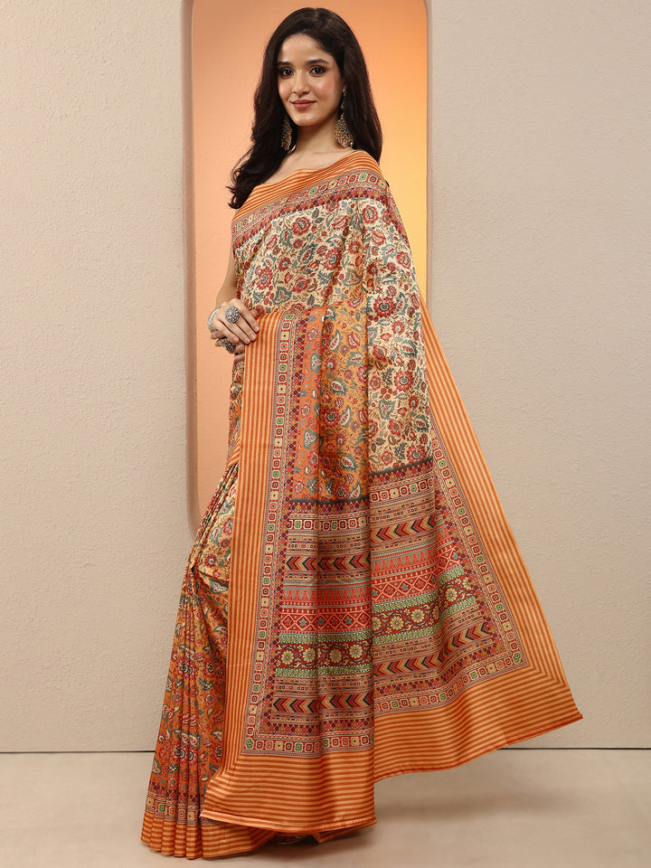 Mustard Printed Silk Blend Saree With Unstitched Blouse Piece