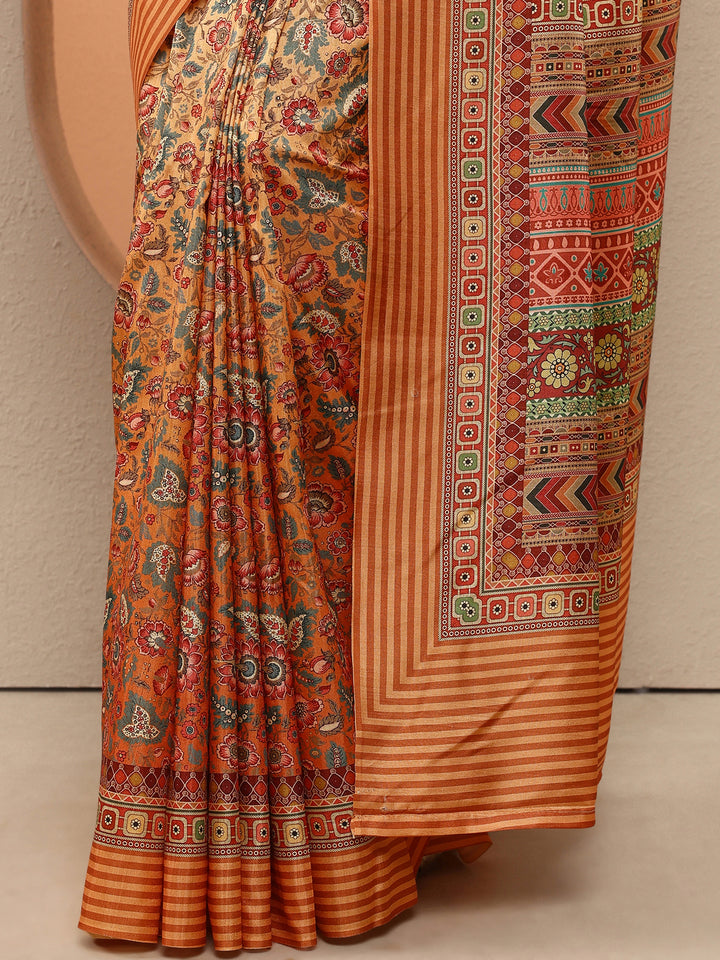Mustard Printed Silk Blend Saree With Unstitched Blouse Piece